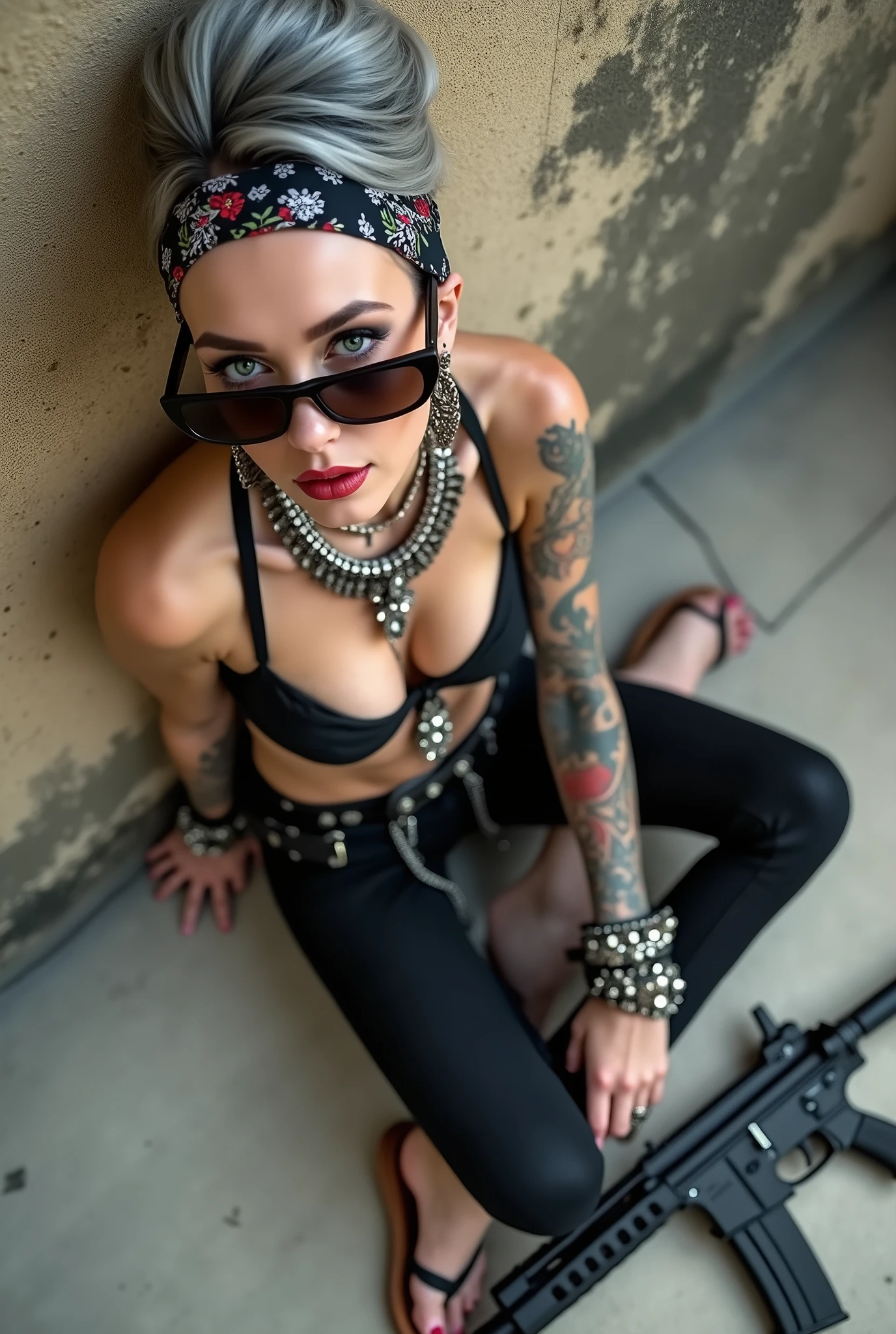 russian milf woman,  grey hair (bouffant, top bun) and oversized square sunglasses and wide  colourful bandana as headband, with very light green eyes, extremely pale. Big lips.  Black lace push up bra, silicone breast,, black skinny leggings.  Flip flops. Lots of thick wide studded bracelets, chain collars and big rings,. Additional crossed loose belts,. Long earrings with chains and feathers. Sitting on the ground with legs apart and back leaning against a wall. Neck, chest, stomach and wrists heavily tattoed. Toned abdominals, thin neck, slim legs and thin arms. Narrow hips and long legs. Exhausted, sleeping with mouth open and tilted face.. Seen from above. Pistol on the ground, next to her