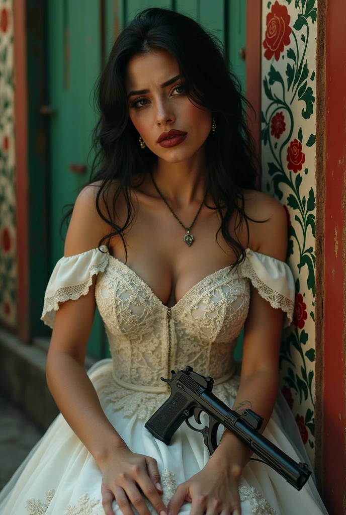 Mexican Chola, thin eyebrows, pouty lips with dark lip liner crying in a Mexican style wedding dress with a gun