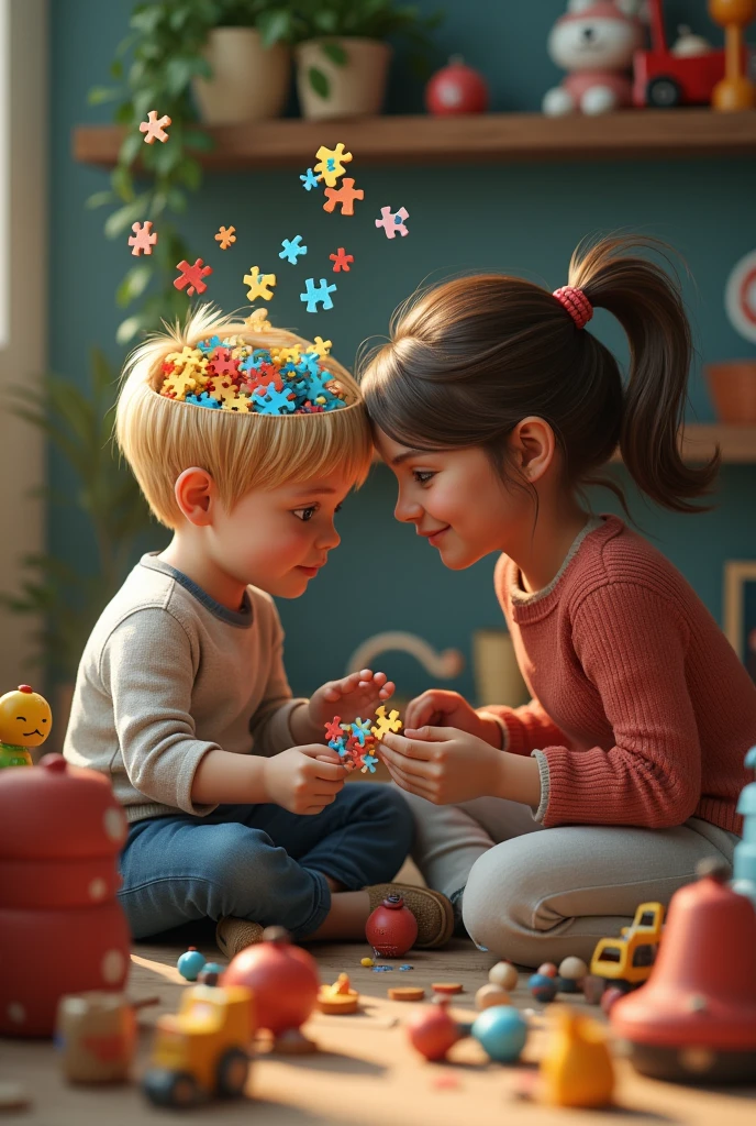 (photorealism:1.2), Blonde boy with colorful puzzle in his brain and a brunette woman playing with him in a room with toys