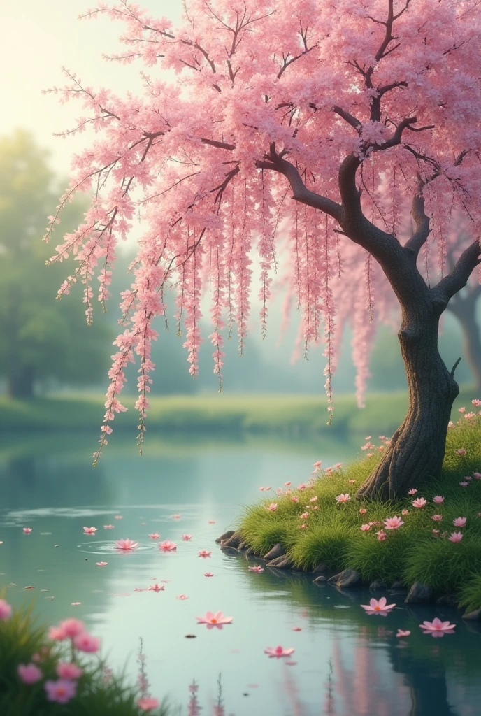  pink flowers hanging from a tree near a pond