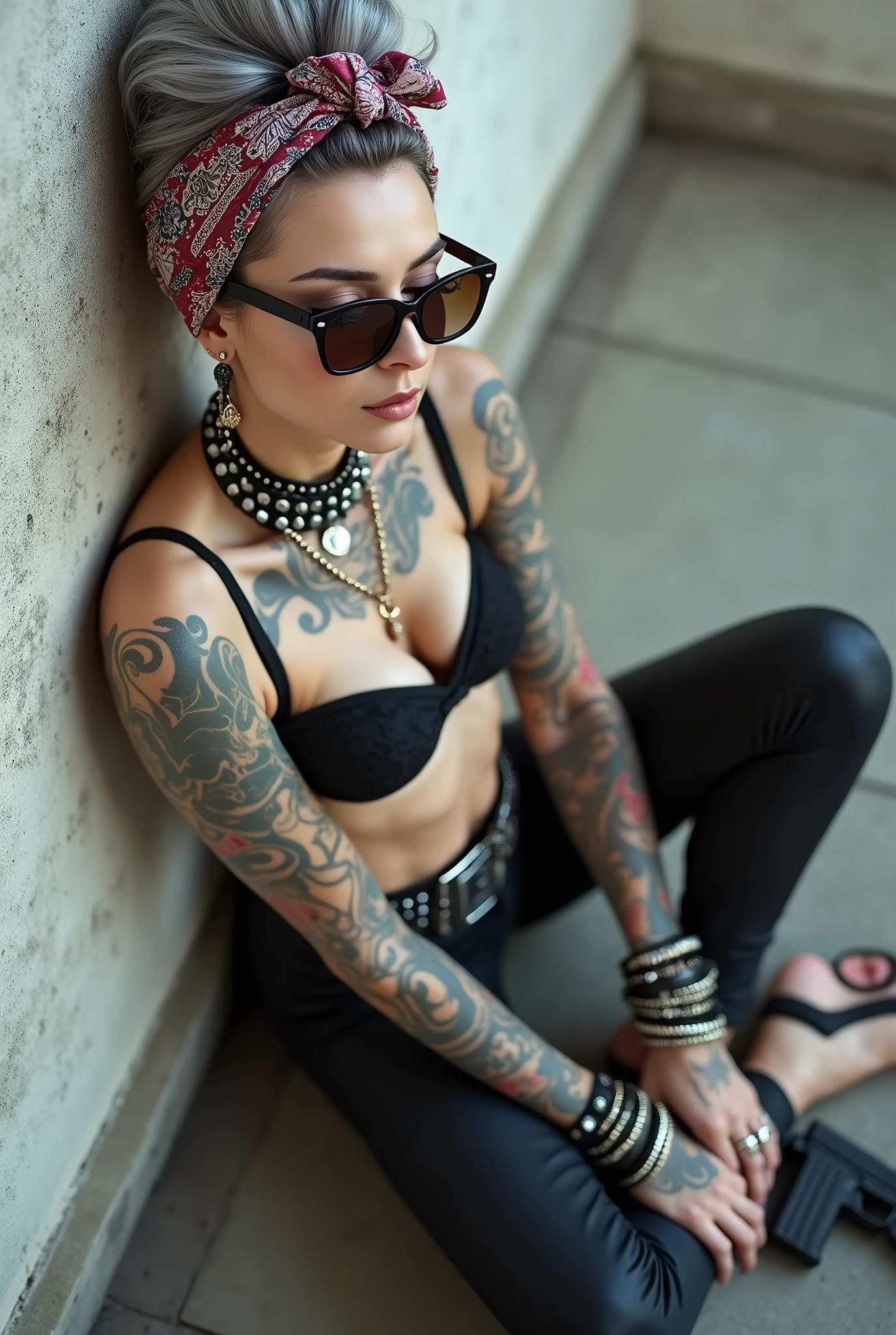 russian milf woman, grey hair (bouffant, top bun) and oversized square sunglasses and wide colourful bandana as headband, with very light green eyes, extremely pale. Big lips. Black lace push up bra, silicone breast,, black skinny leggings. Flip flops. Lots of thick wide studded bracelets, chain collars and big rings,. Additional crossed loose belts,. Long earrings with chains and feathers. Sitting on the ground with legs apart and back leaning against a wall. Neck, chest, stomach and wrists heavily tattoed. Toned abdominals, thin neck, slim legs and thin arms. Narrow hips and long legs. Exhausted, sleeping with mouth open and tilted face.. Seen from above. Uzi Pistol on the ground, next to her