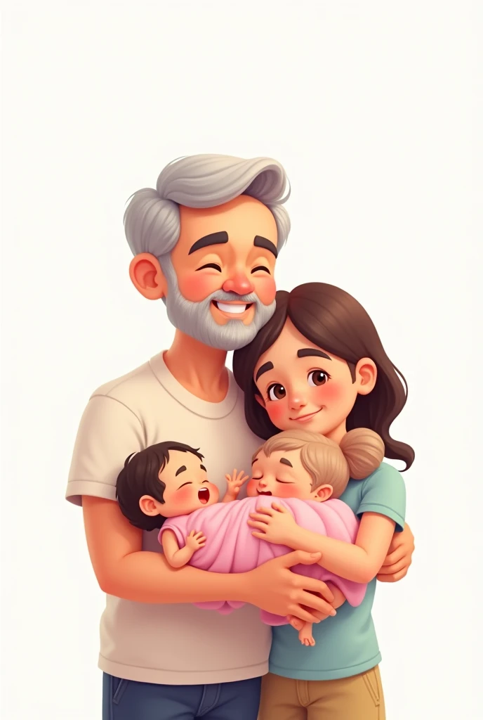 Cartoon young grandfather without beard with short hair, with teenage grandson and newborn granddaughter in pink dress on a white background