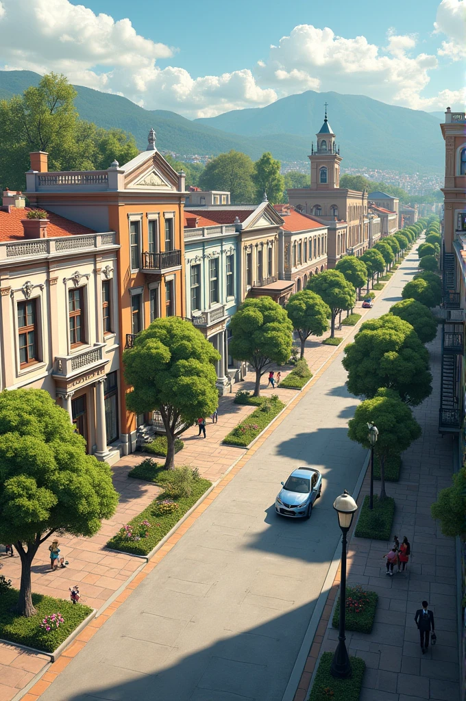 Create a small country town, with horizontal and low-rise mixed-use buildings, with classical architecture, tree-lined streets with wide sidewalks for pedestrians and nice paving for cars, green areas with lots of ornaments.