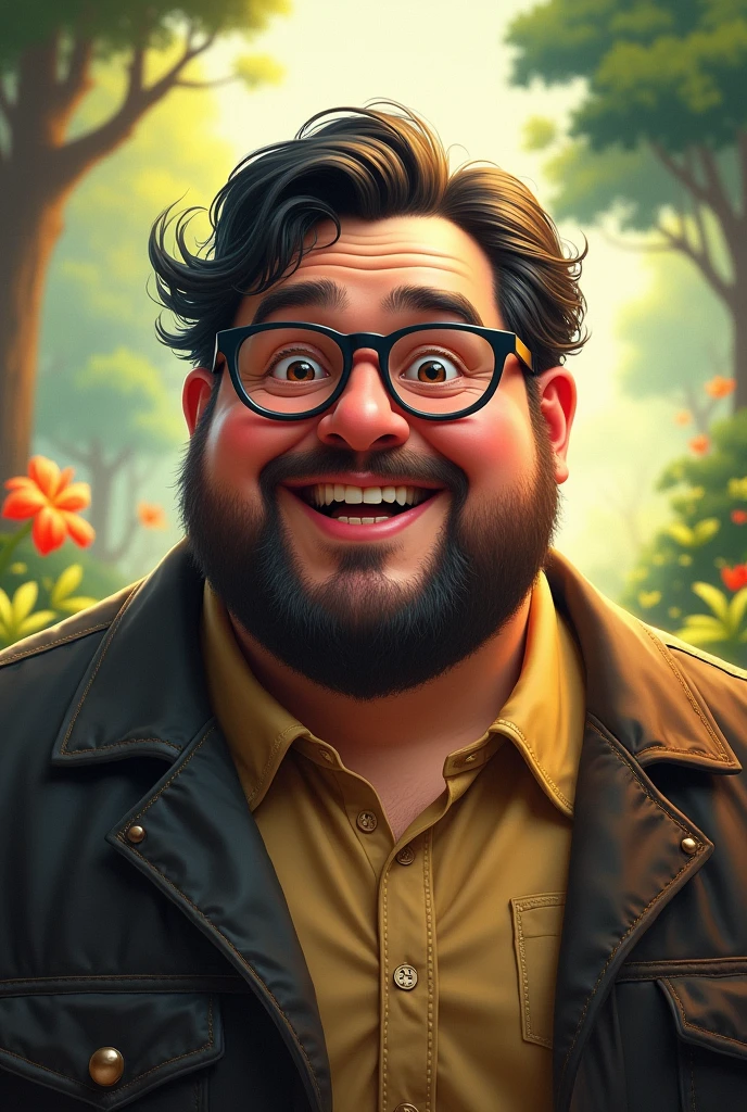 A chubby man with a beard and medium length hair and black glasses