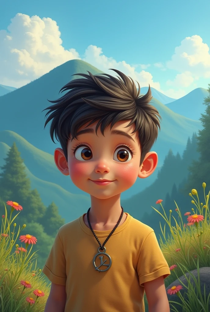 A ung boy ,  background white blue hill lighting plants , realistic sky ,creative hear style , a nackless in neck of word "L" ,