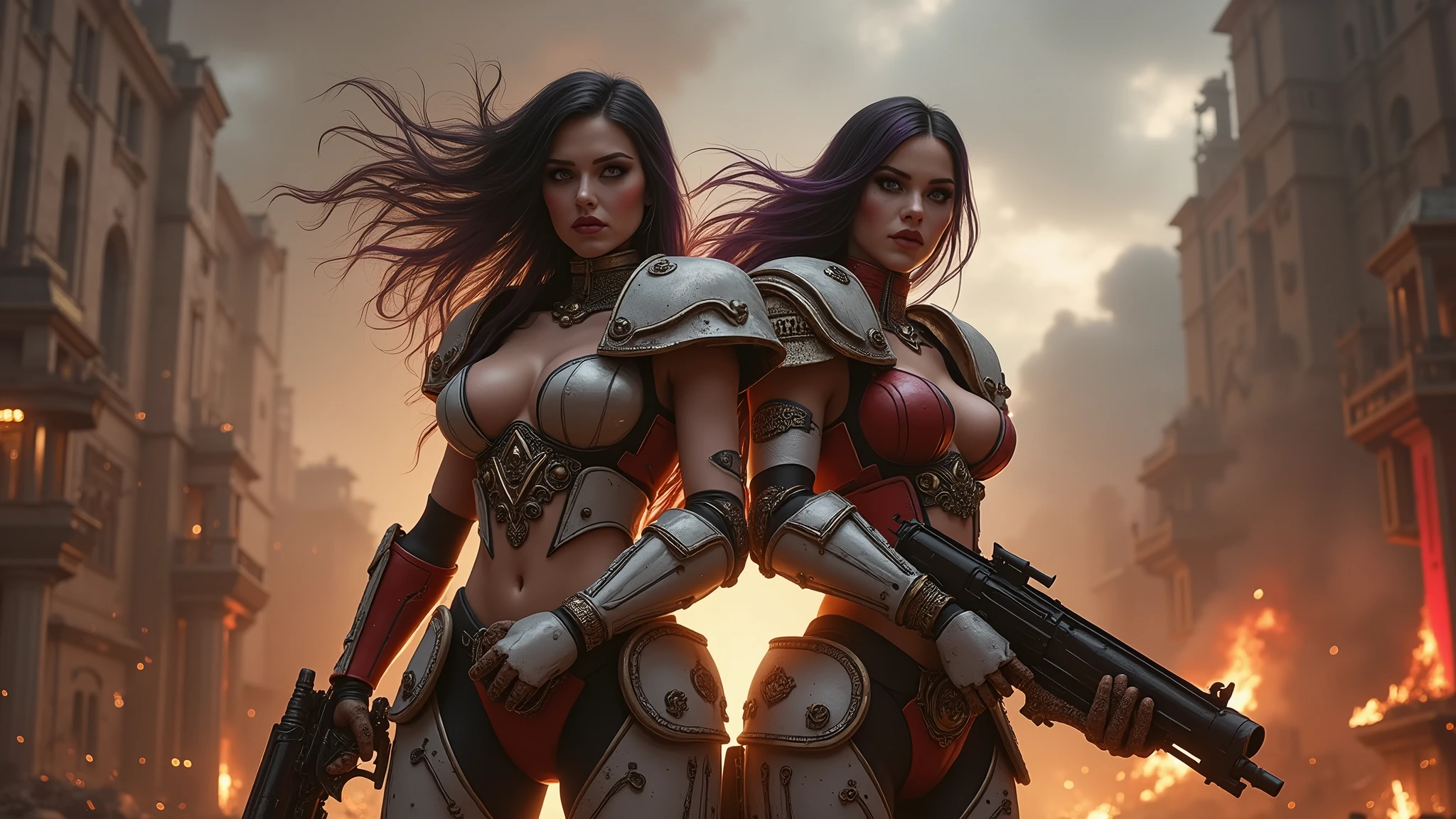Full body pose sexy sisters of battle from the warhammer 40k, shooting at the enemy, white armor with intricate details, red armor with intricate details, religous symbols on the armor, sisters of battle, warhammer 40k, Massive silicone breast, pale skin, seductive, temptation, eat your soul, clevage, long flowing black hair with purple highlights, heavy gothic makeup, at night, neon, beautiful detailed eyes, beautiful detailed lips, extremely detailed eyes and face, long eyelashes, highly detailed armor, intricate futuristic weaponry, dramatic lighting, cinematic composition, muted color palette, gritty and realistic, mecha, science fiction, hyper-detailed, photorealistic, award winning digital art, 8k, HDR, masters work, in the middle of a battle field, full body combat action pose, explosions and fire around, full war, stunning, Stilleto heels, high heels, full body pose, cinematic, movie trailer, final stand!, nemesis, ready to strike, dust and debree, combat screams, attacking, shooting at the enemy, running forward, last line of defense, charging, fanatic, religious, templar knights, sisters of battle, warhammer 40k