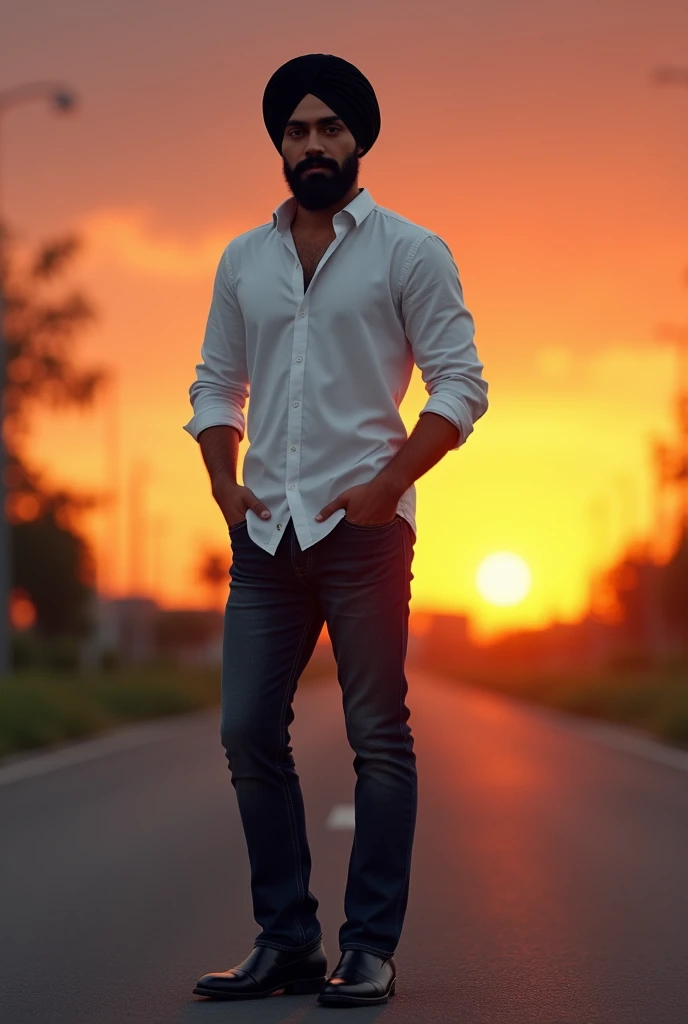 A sardar man with stylish 1 mm trimmed beard , wearing black turban , white shirt and boot cut jeans , chalsea shoes standing in sunset