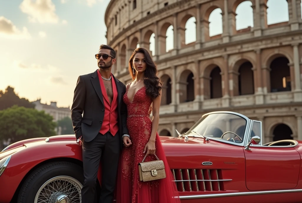Couple at the Colosseum: A wealthy couple, dressed in elegant attire, poses in front of the Colosseum in Rome. They lean against a classic Ferrari, with the woman holding a designer handbag filled with cash, symbolizing their opulent Roman holiday.