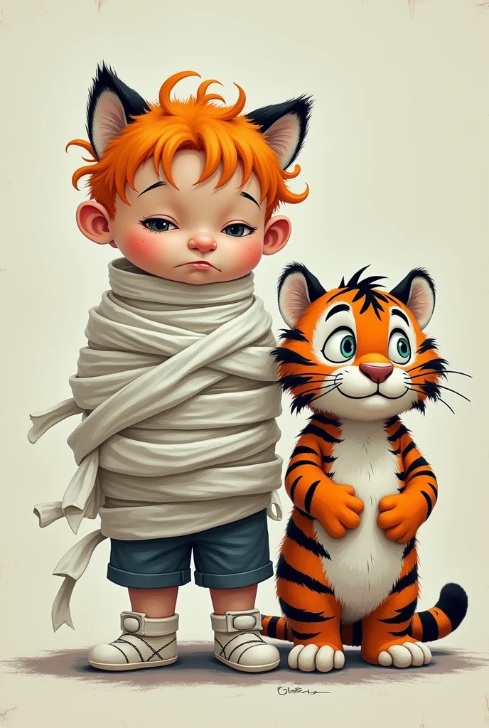 Calvin wearing a straitjacket with Hobbes next to him