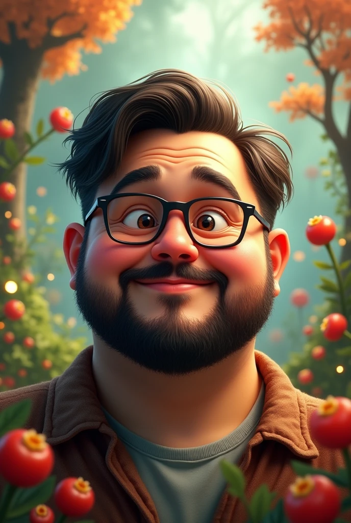 A chubby man with a beard and medium length hair and black glasses

