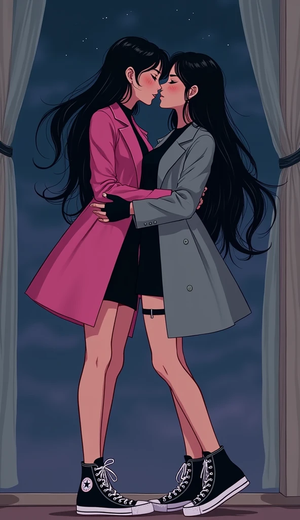 Two young womens, long black hairs, yuri, lesbian

The first young women black eyes wear a pink coat, black shirt, black pencil skirt, black underpants, black tights, black gloves, white socks, white sneakers high top.

The second young women black eyes wore a grey coat, black shirt, black pencil skirt, black underpants, black tights, black gloves, white socks, white sneakers high top.

french kiss, lesbian kiss, kissing, hugging, closed eyes, black grey sky, night sky, bedroom, cartoon novel, 4K, HD