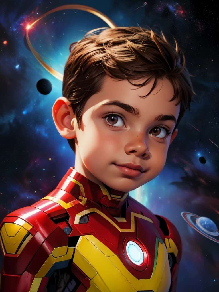 Cinematic Cartoon style. Comic art. TME0224 face, (((a boy, ))) in a funny night, brown eyes, (((wearing a red Iron-Man costume))). (((Comic cosmic space with stars background))). cinematic lighting, drop shadow, masterpiece, UHD, anatomically correct, textured skin, super detail, high details, high quality, best quality, 4K