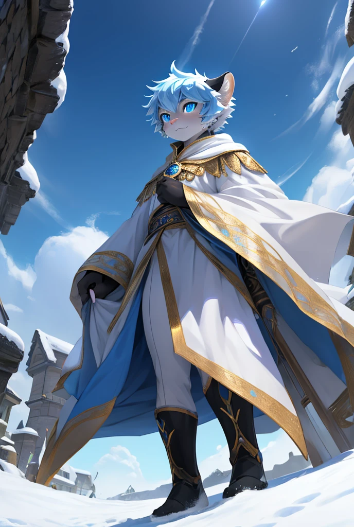 personal, High resolution, Full body image with high detail, high quality, Ultra HD, subjective perspective, snow leopard, boy body shape, Dark black blue very short hair, Ice blue mixed with gold eyes, light blue white fur, White Mage Short Cloak, Dark blue tights, brave world town background
