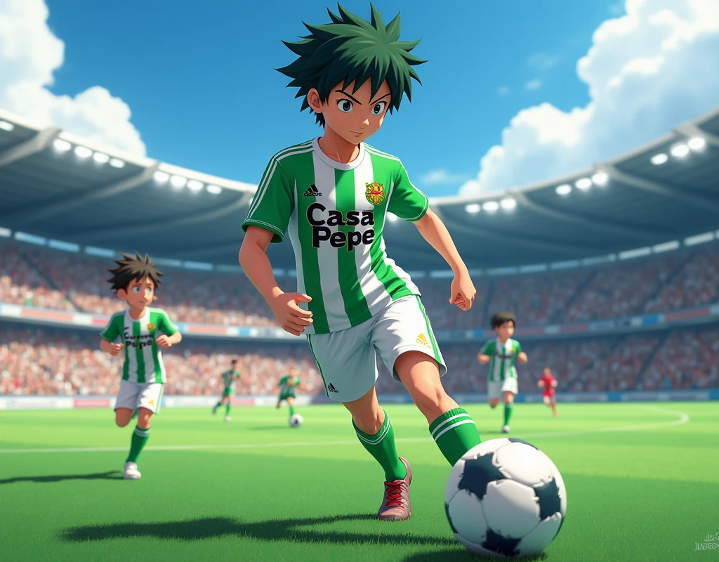 A 3D digital illustration of Tsubasa özora from the animated series. He wears a green and white vertical striped t-shirt and the text "Casa Pepe" appears in bold black letters on the t-shirt. Oliver Aton runs across the soccer field with the ball on his foot. Below appears the text "Palillo C.F" in large