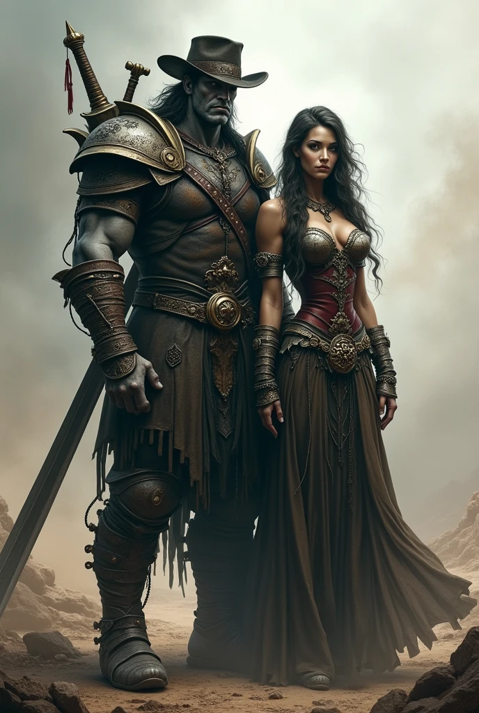 A tall, strong, and stylishly haired Gray Orc Bard with a guitar on his back and a hat and a long sword in his hand stands next to a beautiful Orc woman on a war field.