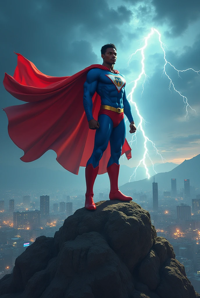 Super hero , un eclair jaune sur son armure bleu , vole dans la
Ciel , il lane du lazer de ces yeux