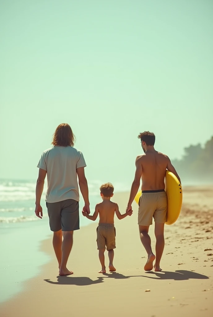 A scene with the bleach bypass photograph on Ferradura beach in Armação de Búzios, on a sunny afternoon. Three people are walking on the sand: a 3 man with 1,80m de altura, straight brown hair, wearing shorts and a shirt, with a common body; Beside him, A 3 man, 1,76m high, a little less thin, with straight brown hair, walking next to a  , who is 1 meter tall and has slightly lighter hair. The younger man carries a yellow surfboard. Everyone is heading to the horizon