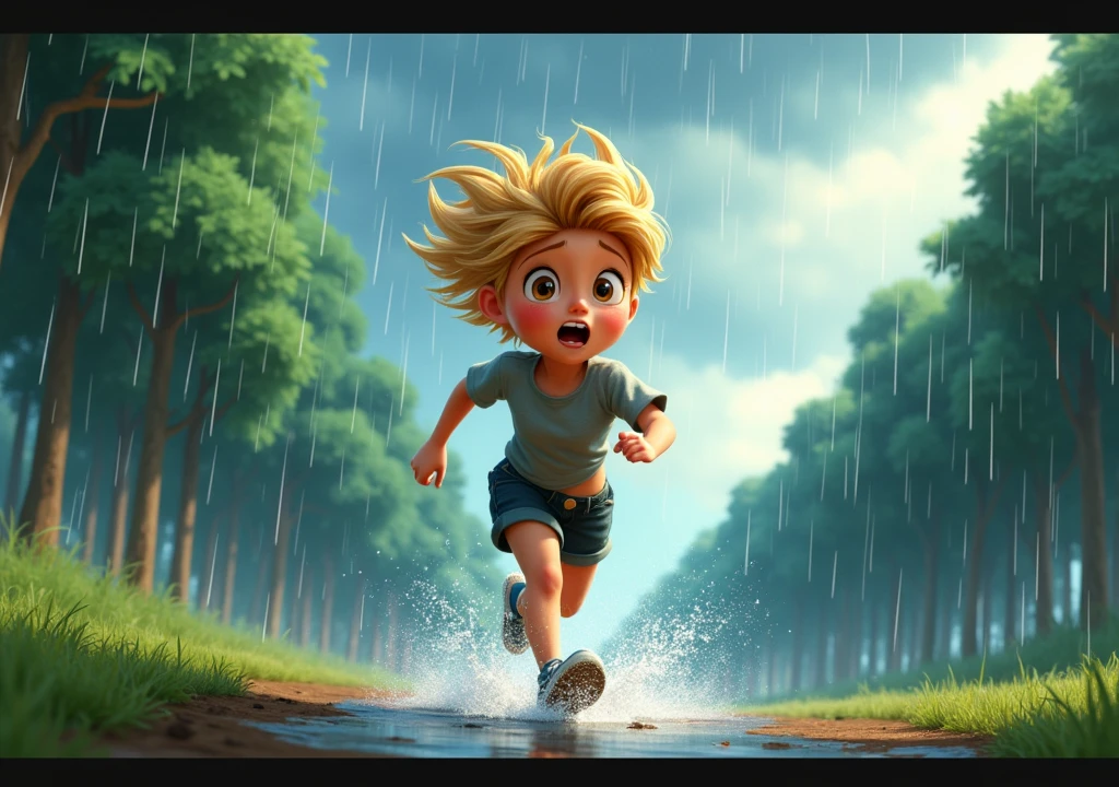A blonde ager with light brown eyes wearing a short gray blouse and black pants running from some rain splashes, in the background of the image there are some forests on the right side and a large amount of clouds covering the sky, Disney Pixar style