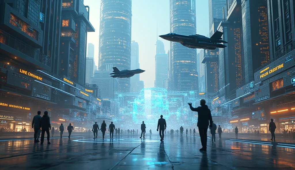A futuristic cityscape with advanced technology, flying vehicles, and people interacting with holographic displays. The scene should be dynamic and high-tech, reflecting a vision of the future shaped by astrological influences. --ar 16:9