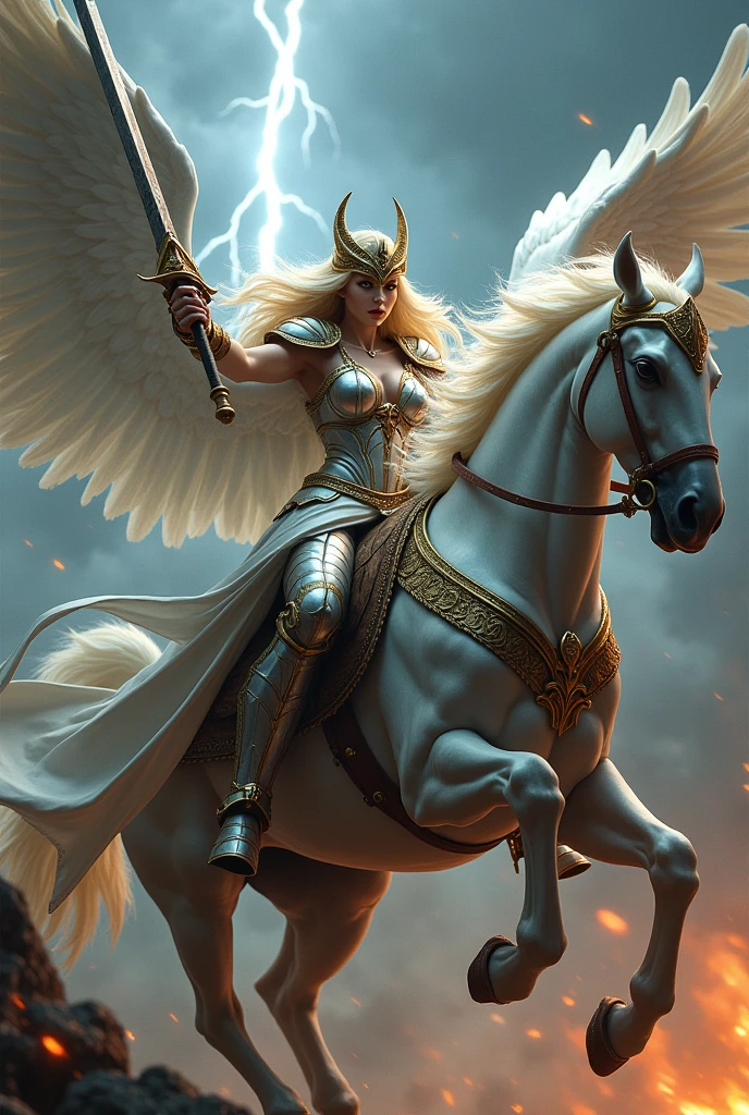 1girl, large blonde hair, looking to the viewer, riding a jumping pegasus, holding a elaborated sword, raising a sword towards the sky, hundred of thunderbolts fall from the sky, armored dress, gold trim, elaborated helmet with two horns, silver armour, cleavage, pauldrons, mouth open, agresive looking, warcry, elaborated outfit design, the character stands in a dynamic pose, hell background