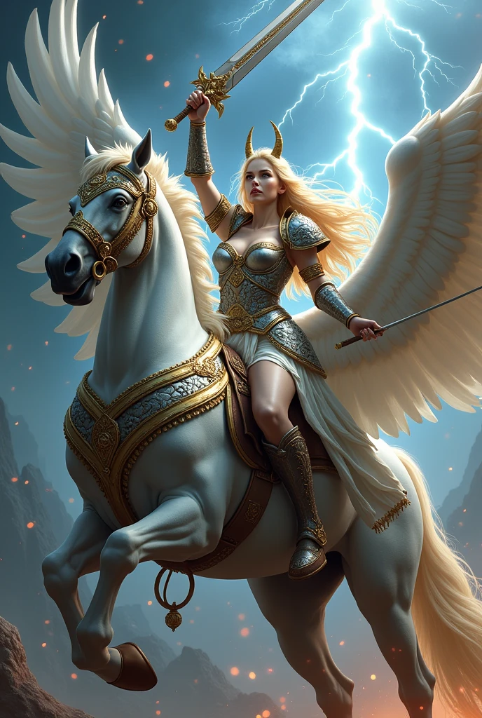 1girl, large blonde hair, looking to the viewer, riding a jumping pegasus, holding a elaborated sword, raising a sword towards the sky, hundred of thunderbolts fall from the sky, armored dress, gold trim, elaborated helmet with two horns, silver armour, cleavage, pauldrons, mouth open, agresive looking, warcry, elaborated outfit design, the character stands in a dynamic pose, hell background