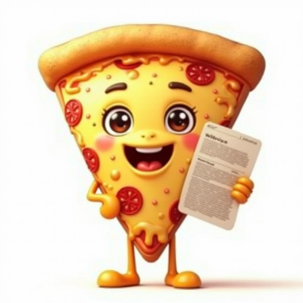 Create a hyper-realistic image of a mascot named WillPizza, shaped like a pizza slice, shown from a front-facing view. WillPizza should have a golden and slightly crispy crust, with melted cheese and toppings visible, capturing the realistic details of a freshly baked slice. Ensure WillPizza has a friendly and approachable expression, possibly with cartoonish eyes and a smile. In one hand, WillPizza should be holding a flyer or brochure, adding a touch of personality to the character. The background must be completely white, resembling a studio setting or transparent, with no distractions or additional elements. The entire WillPizza mascot, including the flyer, should be fully visible, with no parts cut off. Use soft, flattering lighting to highlight the texture and colors of the pizza and the flyer, emphasizing their appearance. The image must be ultra-realistic, crystal clear, 8K UHD, with fine details and a polished, high-quality finish. Ensure the entire image is extremely sharp and in perfect focus, with absolutely no blurriness or softness. All details should be perfectly clear and defined, with absolute focus across the entire image. Use the lens at full aperture to achieve maximum sharpness and clarity.