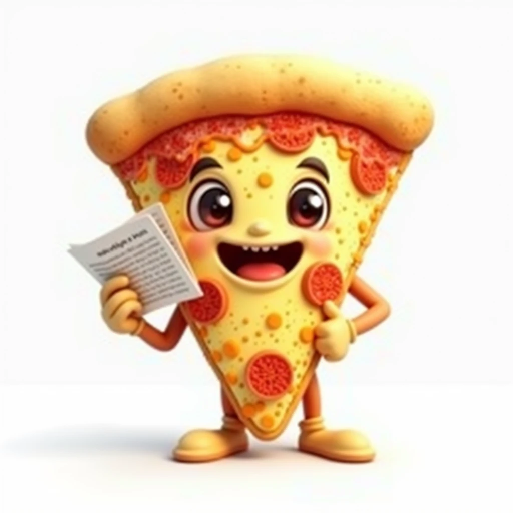 Create a hyper-realistic image of a mascot named WillPizza, shaped like a pizza slice, shown from a front-facing view. WillPizza should have a golden and slightly crispy crust, with melted cheese and toppings visible, capturing the realistic details of a freshly baked slice. Ensure WillPizza has a friendly and approachable expression, possibly with cartoonish eyes and a smile. In one hand, WillPizza should be holding a flyer or brochure, adding a touch of personality to the character. The background must be completely white, resembling a studio setting or transparent, with no distractions or additional elements. The entire WillPizza mascot, including the flyer, should be fully visible, with no parts cut off. Use soft, flattering lighting to highlight the texture and colors of the pizza and the flyer, emphasizing their appearance. The image must be ultra-realistic, crystal clear, 8K UHD, with fine details and a polished, high-quality finish. Ensure the entire image is extremely sharp and in perfect focus, with absolutely no blurriness or softness. All details should be perfectly clear and defined, with absolute focus across the entire image. Use the lens at full aperture to achieve maximum sharpness and clarity.