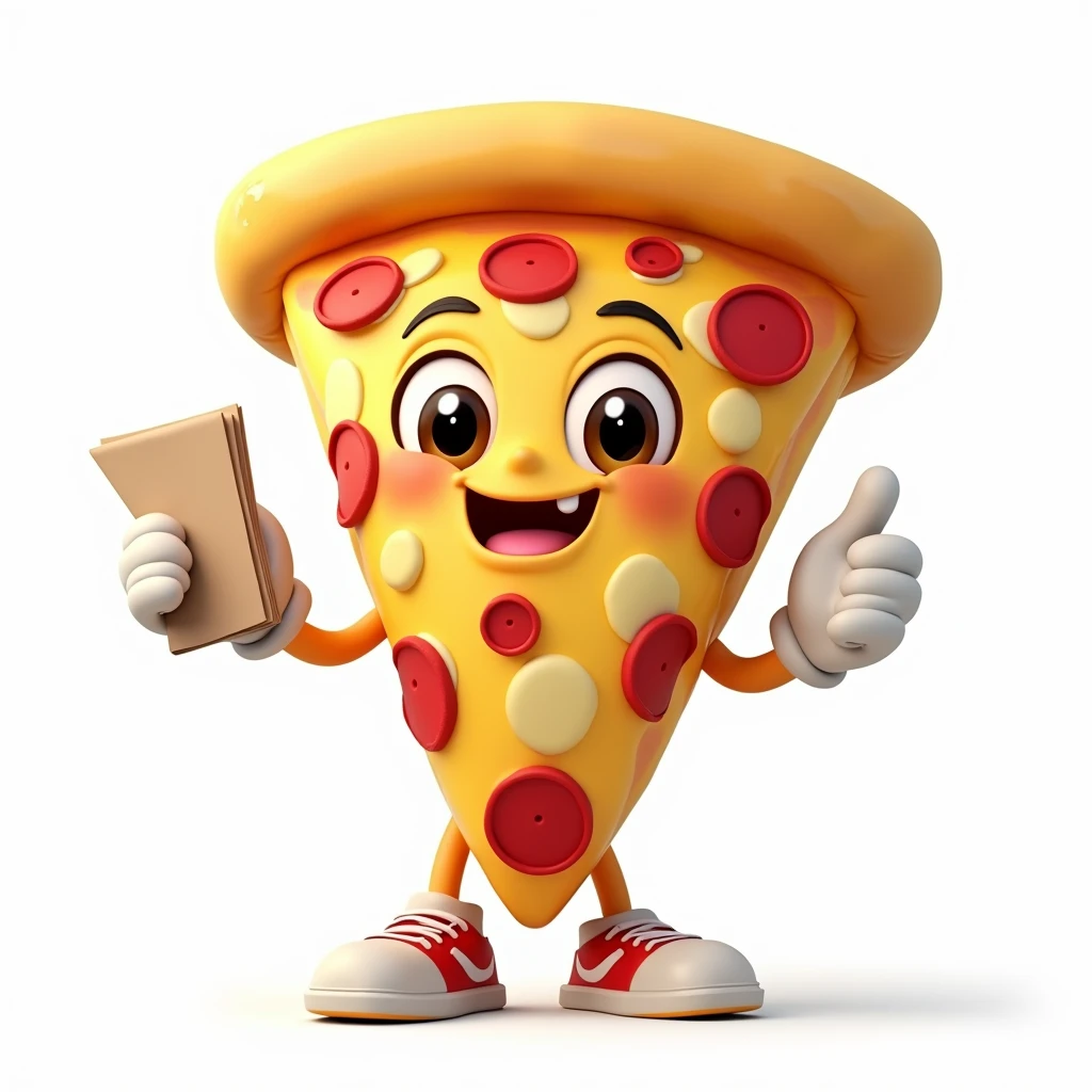 Create a hyper-realistic image of a mascot named WillPizza, shaped like a pizza slice, shown from a front-facing view. WillPizza should have a golden and slightly crispy crust, with melted cheese and toppings visible, capturing the realistic details of a freshly baked slice. Ensure WillPizza has a friendly and approachable expression, possibly with cartoonish eyes and a smile. In one hand, WillPizza should be holding a flyer or brochure, adding a touch of personality to the character. The background must be completely white, resembling a studio setting or transparent, with no distractions or additional elements. The entire WillPizza mascot, including the flyer, should be fully visible, with no parts cut off. Use soft, flattering lighting to highlight the texture and colors of the pizza and the flyer, emphasizing their appearance. The image must be ultra-realistic, crystal clear, 8K UHD, with fine details and a polished, high-quality finish. Ensure the entire image is extremely sharp and in perfect focus, with absolutely no blurriness or softness. All details should be perfectly clear and defined, with absolute focus across the entire image. Use the lens at full aperture to achieve maximum sharpness and clarity.