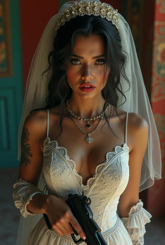 Mexican Chola, thin eyebrows, pouty lips with dark lip liner crying in a Mexican style wedding dress with a gun