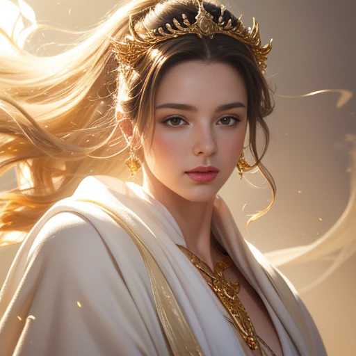 a digital portrait painting of a beautiful Greek goddess in white robe dress and smoke gold floats around, a hyperrealistic painting, figurative art, in gold paint, gold smoke, character is floats around in smoke, fantasy art ,elegance pose, cowboy closeup shot, lighting clear and soft effect , white background