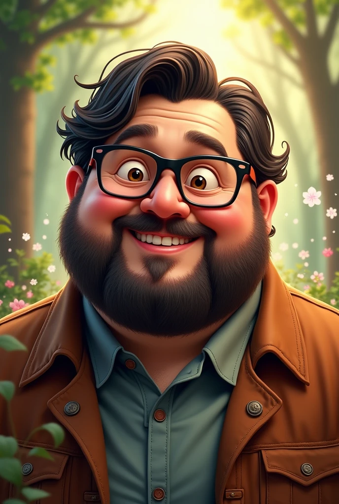 A chubby man with a beard and medium length hair and black glasses
