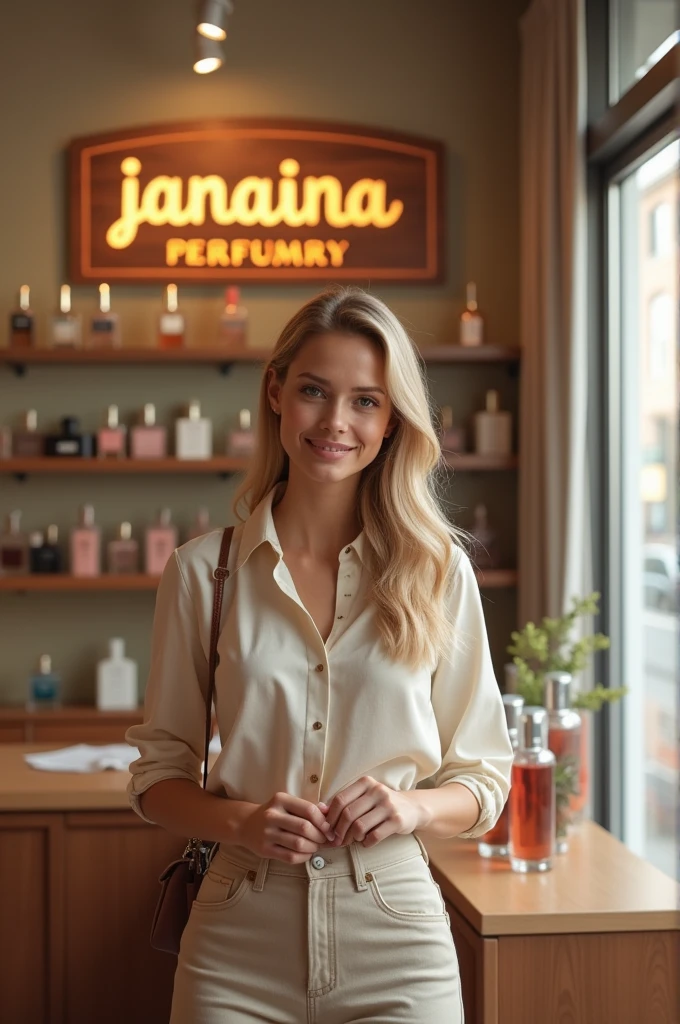 Realistic characters blonde saleswoman in a perfume store.
Shop with a modern minimalist touch Add a vintage sign saying janaina perfumery 
