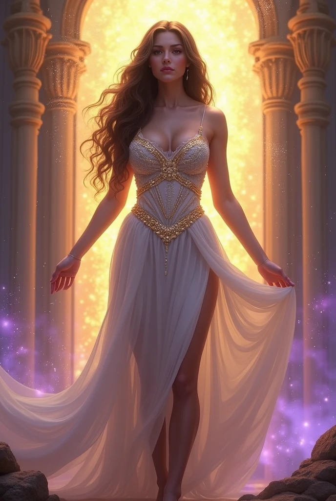 Goddess with crown, dark brown hair, dark brown eyes, White skin, Voluminous bust and rear, with golden and purple aura, with a dress, with crystals, full body and happy 
