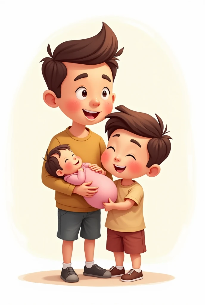 Cartoon young grandfather without beard with short brown hair, with age male grandson and newborn female granddaughter in pink dress on a white background