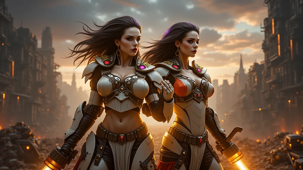 Full body pose sexy sisters of battle from the warhammer 40k, shooting at the enemy, white armor with intricate details, red armor with intricate details, religous symbols on the armor, sisters of battle, warhammer 40k, Massive silicone breast, pale skin, seductive, temptation, eat your soul, clevage, long flowing black hair with purple highlights, heavy gothic makeup, at night, neon, beautiful detailed eyes, beautiful detailed lips, extremely detailed eyes and face, long eyelashes, highly detailed armor, intricate futuristic weaponry, dramatic lighting, cinematic composition, muted color palette, gritty and realistic, mecha, science fiction, hyper-detailed, photorealistic, award winning digital art, 8k, HDR, masters work, in the middle of a battle field, full body combat action pose, explosions and fire around, full war, stunning, Stilleto heels, high heels, full body pose, cinematic, movie trailer, final stand!, nemesis, ready to strike, dust and debree, combat screams, attacking, shooting at the enemy, running forward, last line of defense, charging, fanatic, religious, templar knights, sisters of battle, warhammer 40k