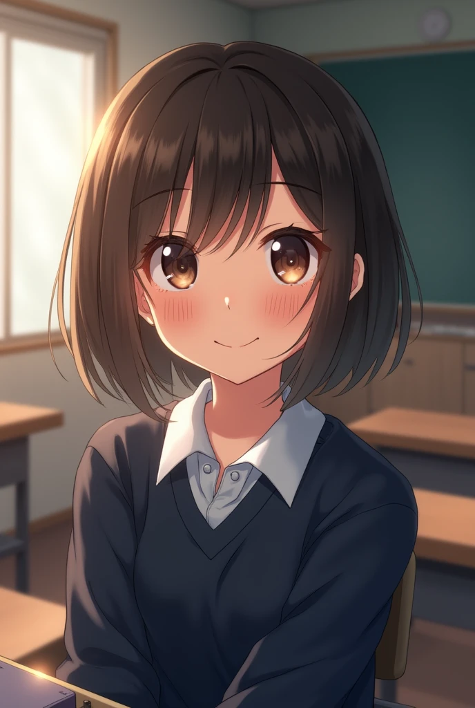 Highest quality, Face Focus, Soft Light, Ultra-high resolution, (Realistic:1.4), RAW Photos, 1 Japanese girl, alone, cute, (A shy smile:0.5), (Brown eyes, Light in your eyes), Beautiful face in every detail, (Small box),(High resolution detail of human skin texture), (Short Bob Hair), break, In the classroom,Navy uniform, Best, skirt