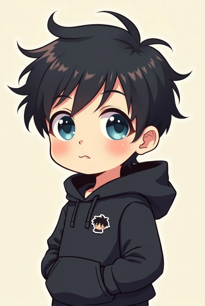 Cute Chibi Boy, black hair, blue eyes, and black hood sticker