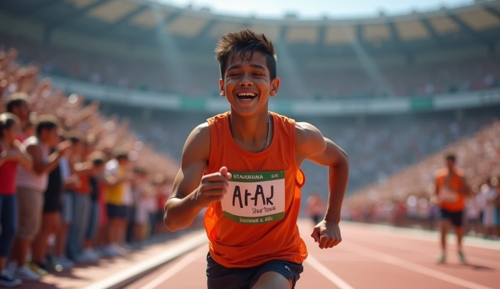 Suraj crossing the finish line, his face lit with joy and relief. The crowd in the stadium erupts in applause. His parents are seen in the background, overwhelmed with emotion. The scene captures the moment of triumph, where Suraj’s hard work and perseverance finally pay off.