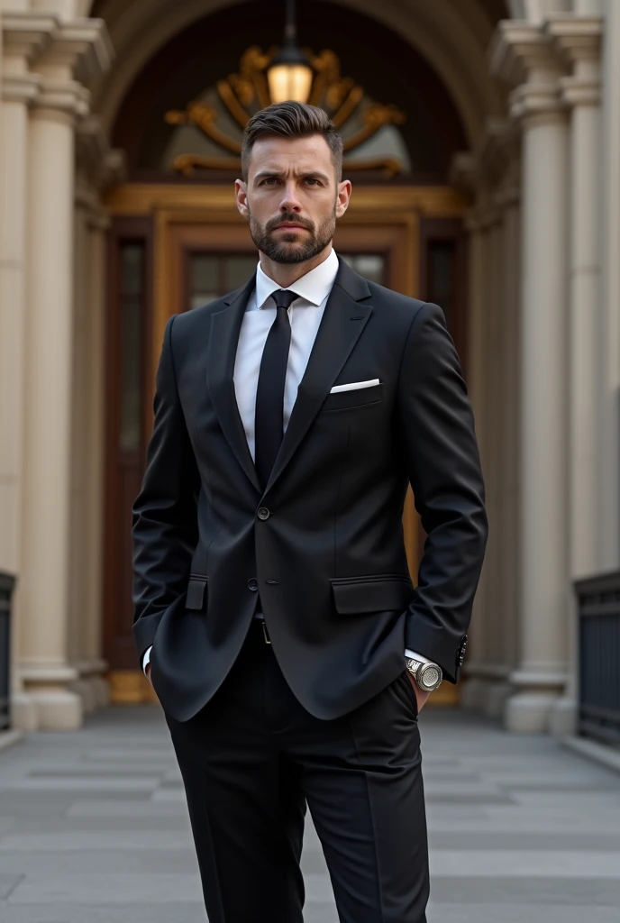 A man wore black suit and men accessories standing infront of a architecture building in a attitude pose
