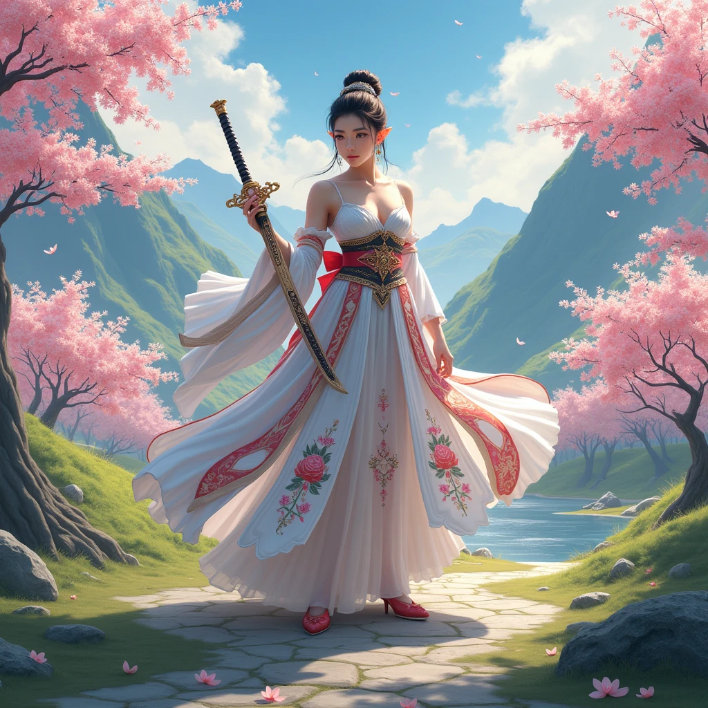 Princess in a dress with a sword in a realistic Japanese landscape