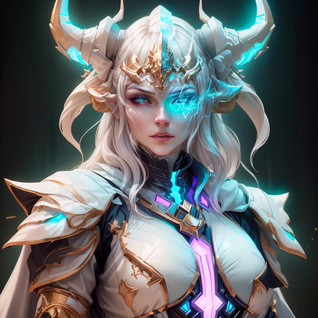 a close up of a woman with a horned head and a glowing helmet, hyperdetailed fantasy character, digital fantasy character, white horns queen demon, alexandra fomina artstation, epic fantasy digital art style, 3 d render character art 8 k, 3 d character art, detailed matte fantasy portrait, epic fantasy art style, complex fantasy character, fantasy character art