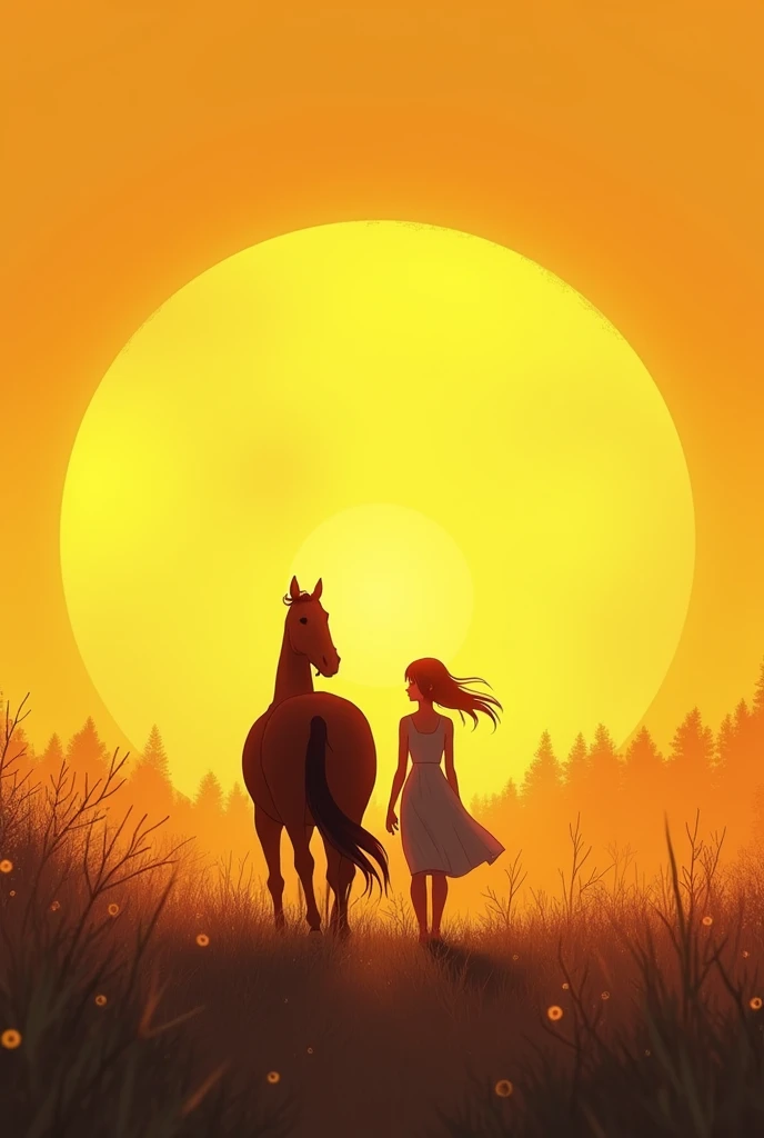 Anime, 2D drawing, women walking behind a horse, bigger yellow sunset scene