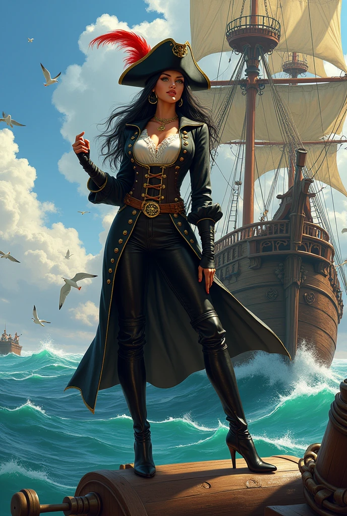 A captivating, young and beautiful woman is standing on the deck of a grand pirate ship, exuding authority and charm. She is in her early 20s, with a slender yet strong build, smooth, porcelain skin, and a confident, commanding presence. Her hair is long, raven-black (1.3), flowing freely in the sea breeze, and her eyes are emerald green (1.2), piercing and full of resolve. She is dressed in an elaborate pirate captain's outfit: a black tricorn hat (1.4) adorned with a scarlet feather, a fitted black coat with gold trimmings, a white ruffled blouse, and leather pants tucked into high boots. Break, She accessorizes with a golden compass necklace (1.2) and a pair of hoop earrings (1.1). Her expression is fierce and determined, her eyes scanning the horizon as she gives orders with a commanding gesture. She stands with one foot on a barrel, striking a powerful and authoritative pose. Break, The pirate ship around her is majestic and grand, with tall masts, billowing sails, and intricate carvings on the wood. Cannons line the sides of the ship, and the deck is bustling with activity as the crew scurries to follow her commands. Seagulls (1.1) circle overhead, and the sea around them is a deep, vibrant blue, with waves crashing against the hull. The lighting is natural and dramatic, with rays of sunlight breaking through scattered clouds, casting dynamic shadows and highlighting the textures and details of the scene.