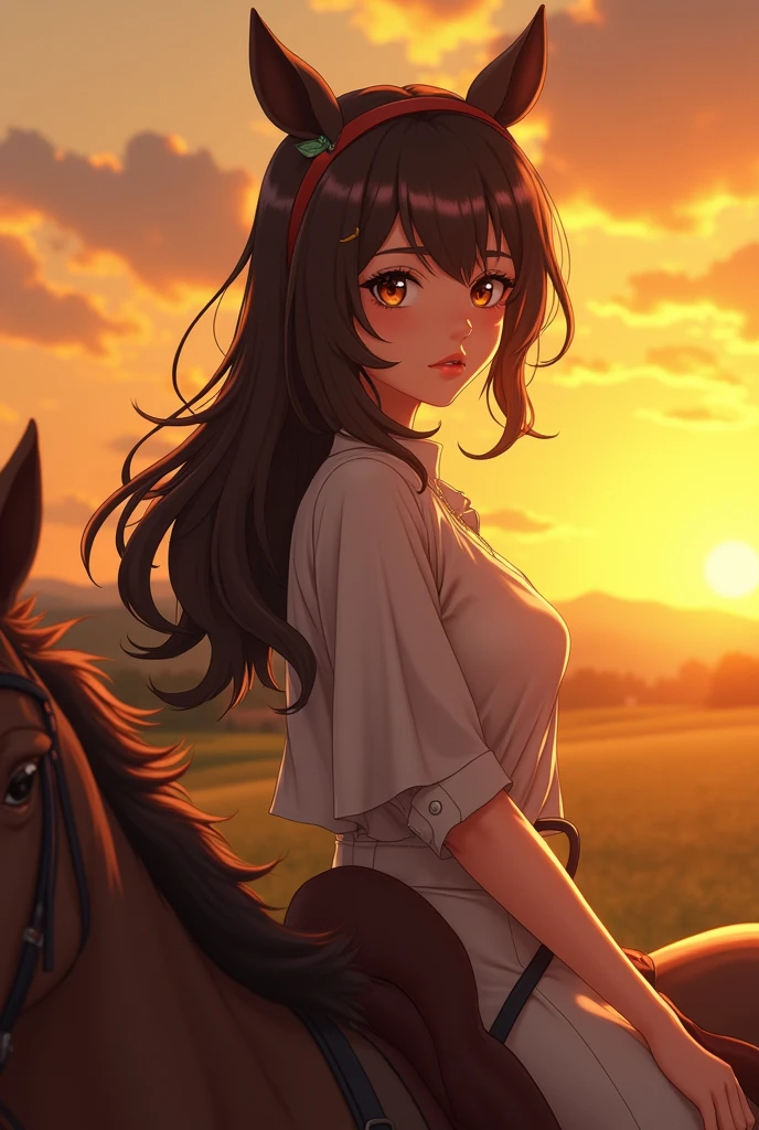 2D, Anime style a woman walking behind a horse, women walking behind a horse, beautiful detailed eyes, beautiful detailed lips, extremely detailed eyes and face, long eyelashes, detailed anime style, detailed 2D illustration, dramatic yellow sunset sky, detailed landscape background, realistic lighting, vibrant colors, highly detailed, masterpiece, 8k, photorealistic