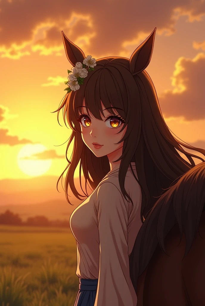 2D, Anime style a woman walking behind a horse, women walking behind a horse, beautiful detailed eyes, beautiful detailed lips, extremely detailed eyes and face, long eyelashes, detailed anime style, detailed 2D illustration, dramatic yellow sunset sky, detailed landscape background, realistic lighting, vibrant colors, highly detailed, masterpiece, 8k, photorealistic