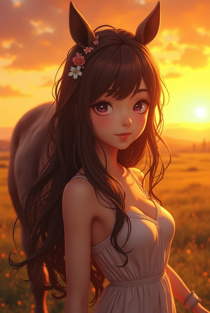 2D, Anime style a woman walking behind a horse, women walking behind a horse, beautiful detailed eyes, beautiful detailed lips, extremely detailed eyes and face, long eyelashes, detailed anime style, detailed 2D illustration, dramatic yellow sunset sky, detailed landscape background, realistic lighting, vibrant colors, highly detailed, masterpiece, 8k, photorealistic