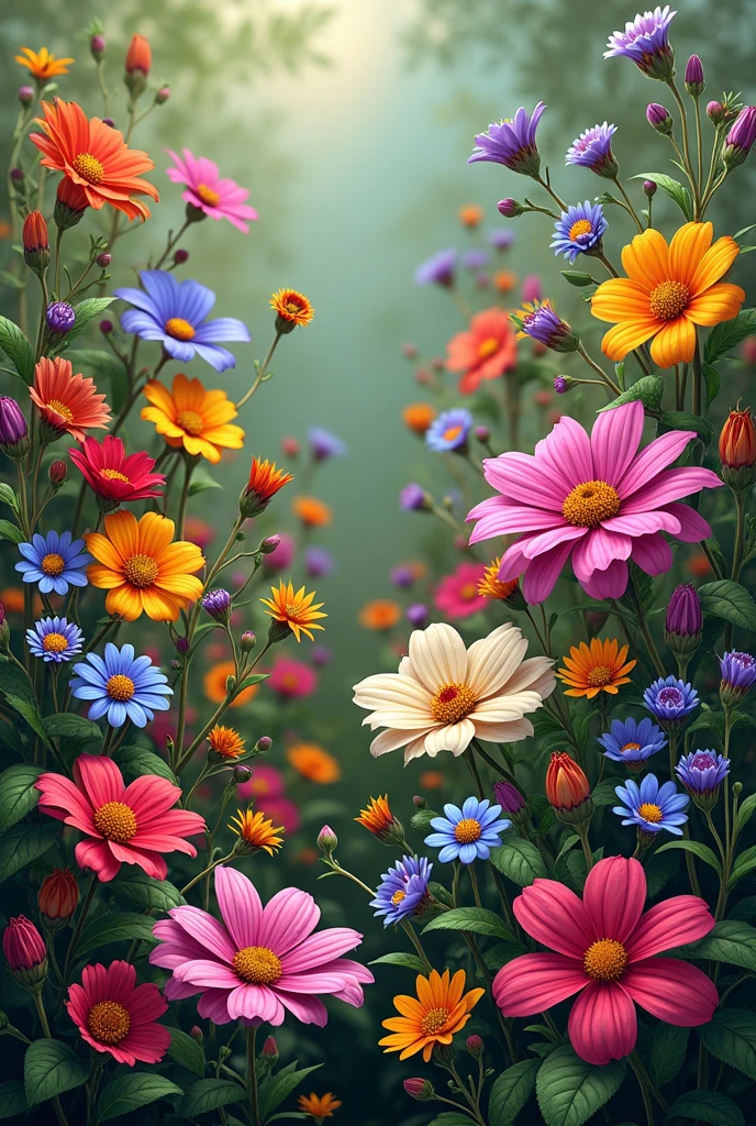 Garden full of differently coloured wildflowers and matching leaves