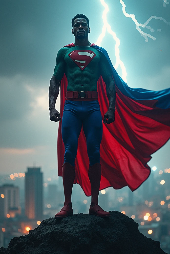 Conçois une image puissante d'un super héros haïtien, symbole de liberté et de justice, vêtu d'un costume inspiré des couleurs du drapeau haïtien : bleu, rouge et vert. Ce héros incarne la résistance contre l'insécurité et la corruption. Il se tient fièrement au sommet d'une montagne symbolisant la lutte pour un Haïti libre. Son expression est déterminée, avec une aura de force et de sagesse. En arrière-plan, une ville renaissante émerge des ombres, représentant l'espoir et la justice rétablie. Le ciel est traversé par des éclairs de lumière symbolisant l'énergie du changement. Ce héros porte une cape qui flotte dans le vent, et son poing est levé, prêt à protéger son peuple. Les mots 'Liberté', 'Sécurité' et 'Justice' sont subtilement inscrits dans le décor, intégrés dans les bâtiments ou le ciel pour accentuer son combat."