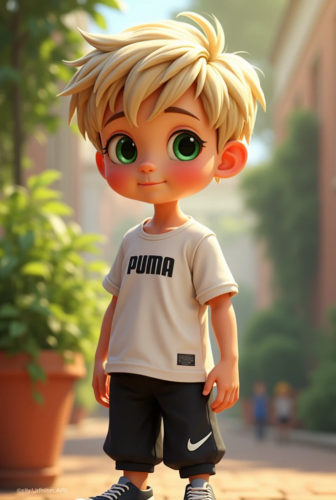 Cute Disney Character Cartoon, boy, dark blond hair, greeneyes, white puma shirt, black nike pants, it is a photo graph and clicks the photos focusing on the camera