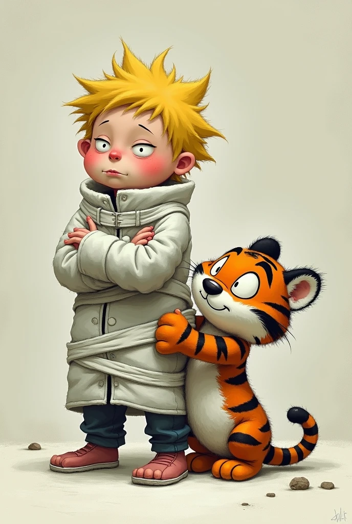 Calvin wearing a straitjacket with Hobbes next to him